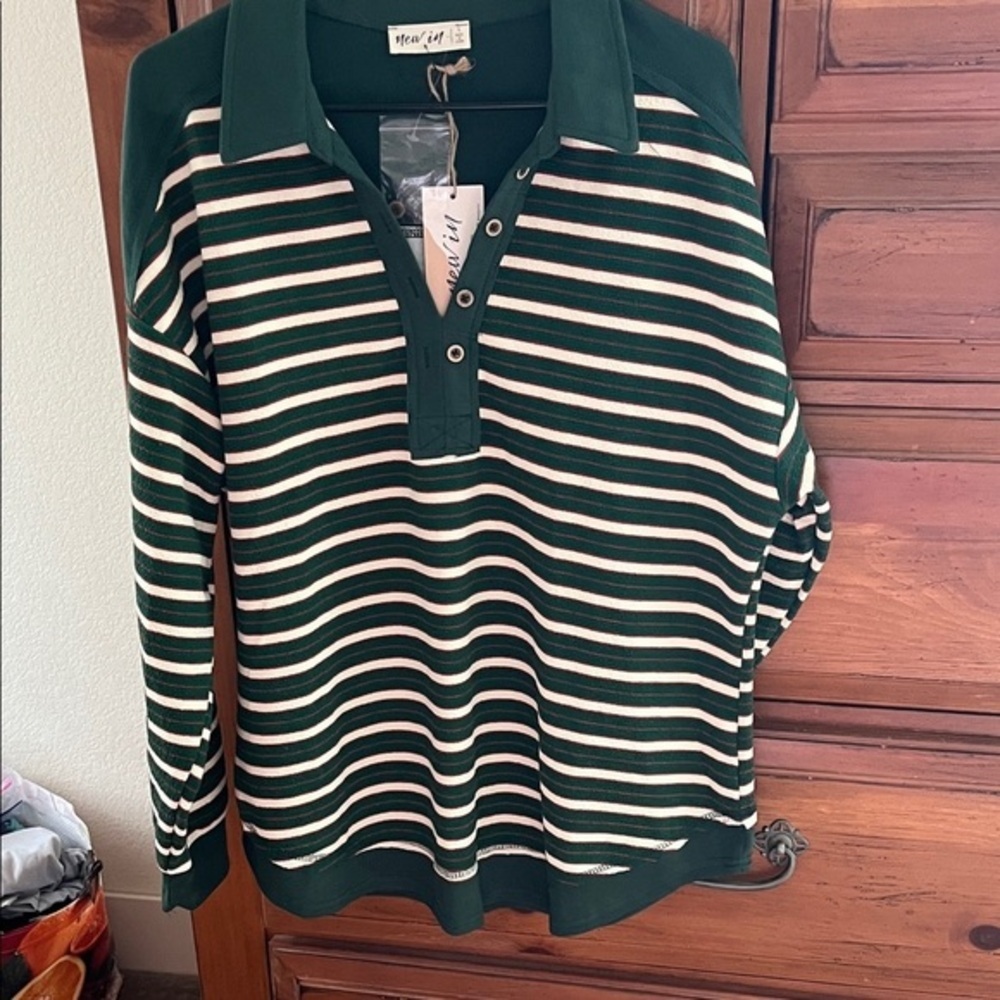 Very J Forest Green and Cream Striped Henley Thermal